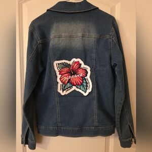 160HANA Graphic Flower Patch Denim Jacket  Boho Fest Hawaiiana Statement L SOFT!